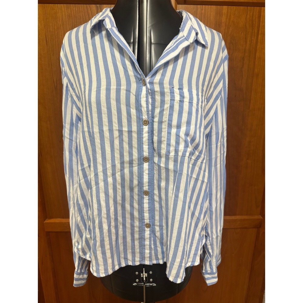BeachLunchLounge Blue White Striped Button Down Shirt XL LTT6348 Rayon Lyocell